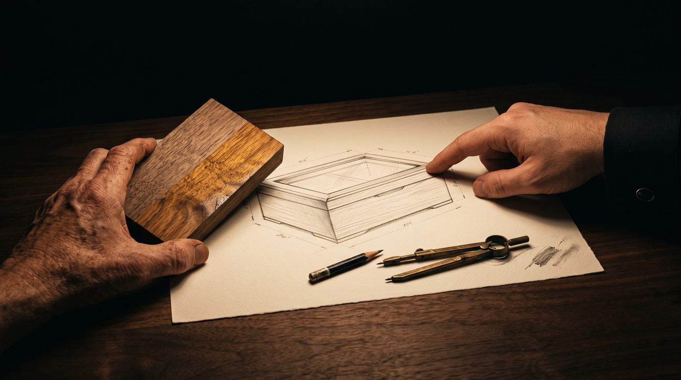 Il disegno sul tavolo: la mano del cliente e quella dell'autore convergono