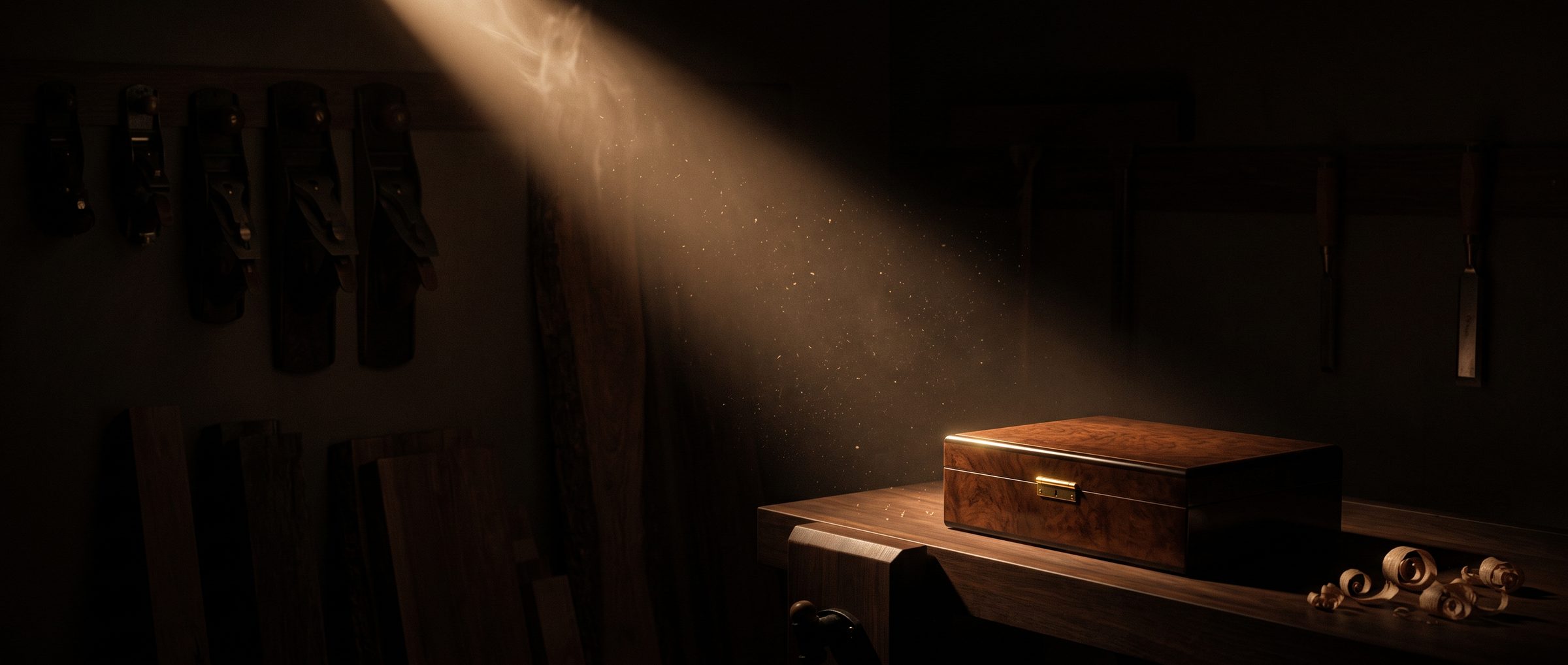 L'atelier nella penombra: un solo humidor sotto il fascio di luce